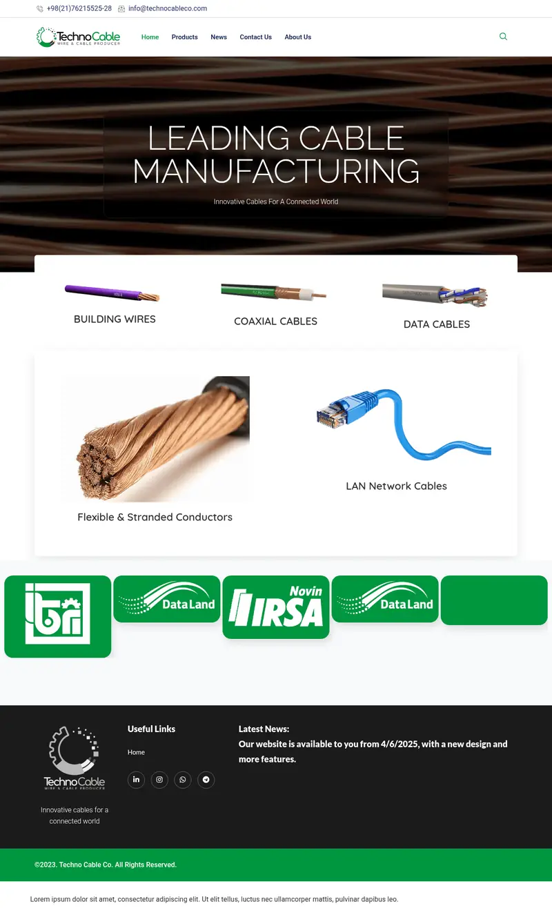 نمای بالای صفحه‌ی شرکت Techno Cable